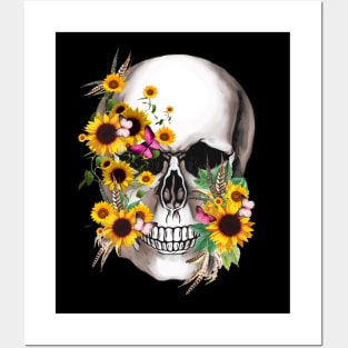 Floral Skull sunflowers and butterflies Posters and Art